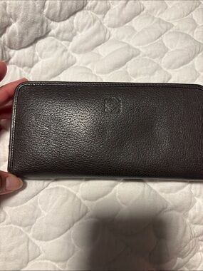 Loewe Embossed Logo Long Leather Wallet in Dark Brown